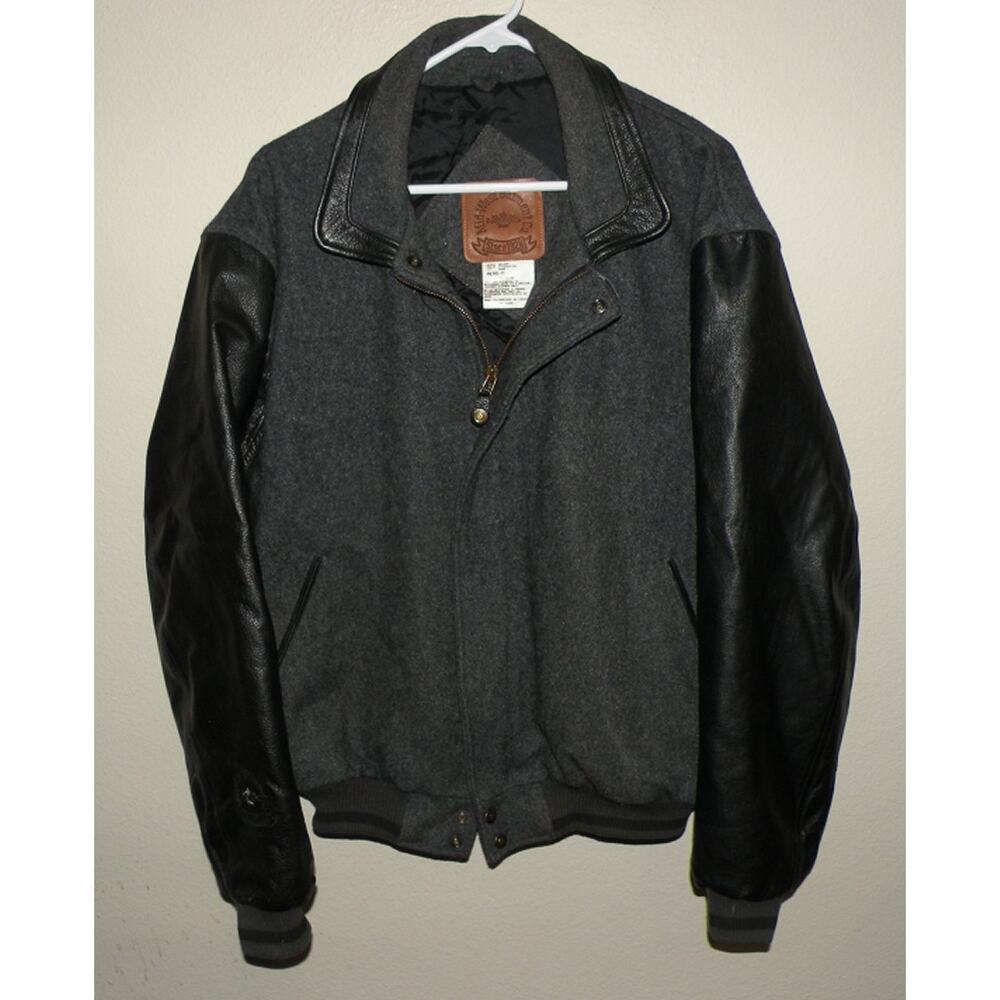 Mid-West Garment Men’s Medium Regular Zip Wool Leather Bomber Jacket Gray Black